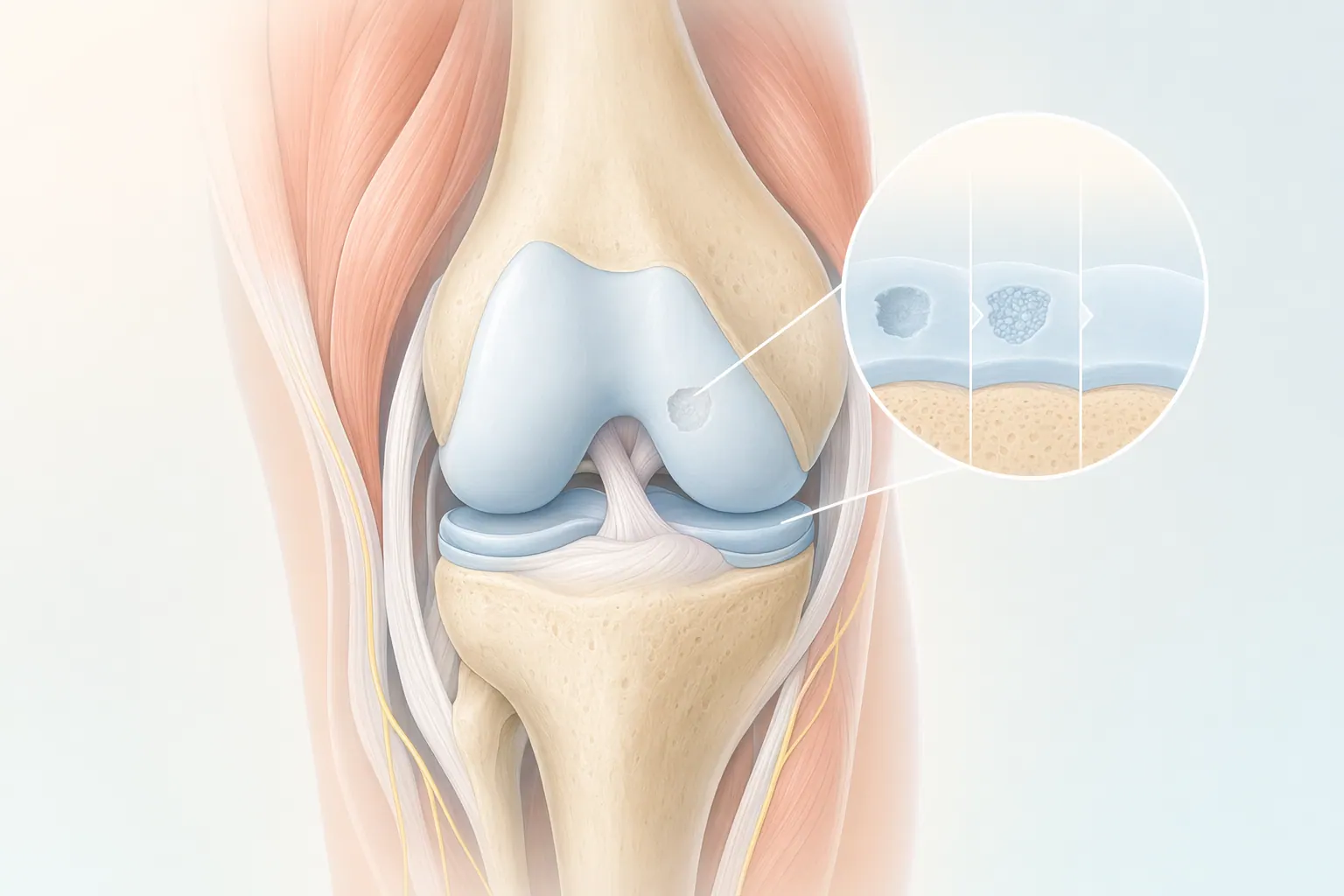 Illustration of cartilage reconstruction showing damaged cartilage being repaired or replaced
