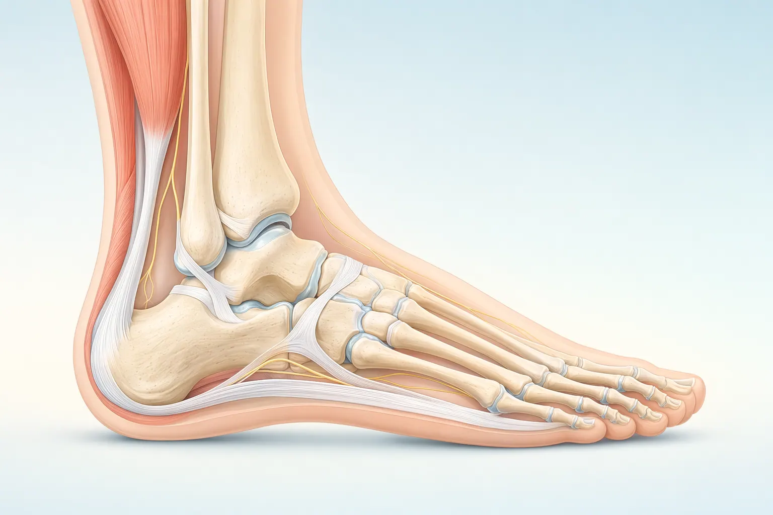 Anatomical illustration of the foot and ankle showing the tibia, talus, calcaneus, and plantar fascia