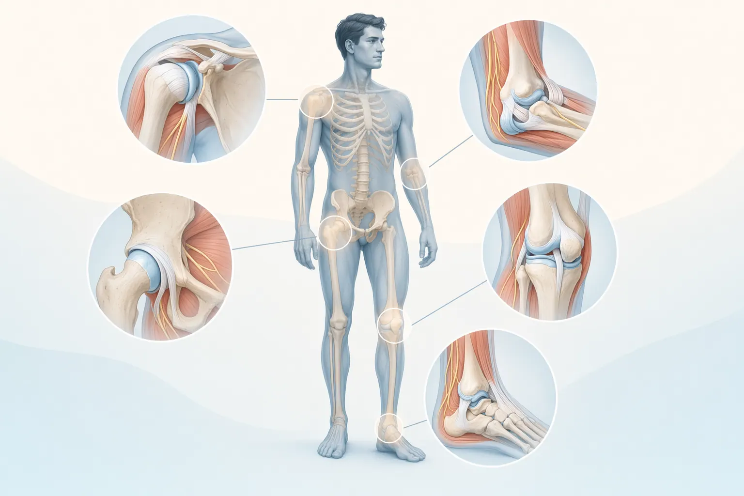 Illustration of the human musculoskeletal system showing bones, joints, and major muscle groups treated in general orthopedics
