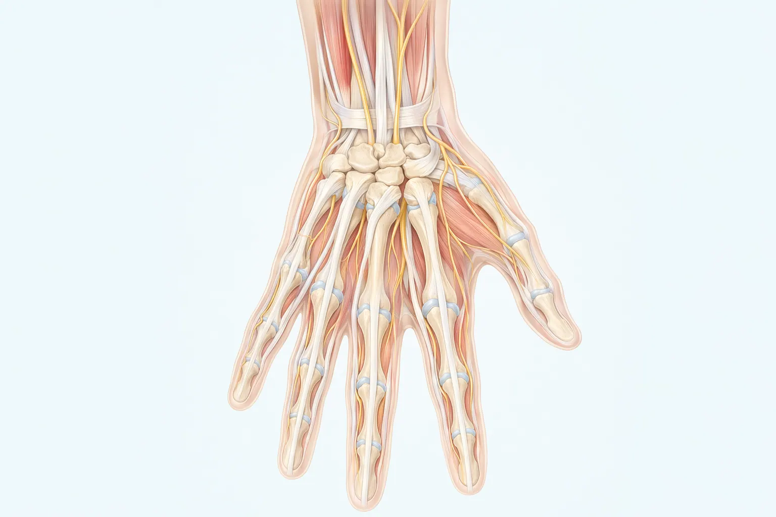 Anatomical illustration of the hand and wrist showing carpal bones, tendons, and median nerve