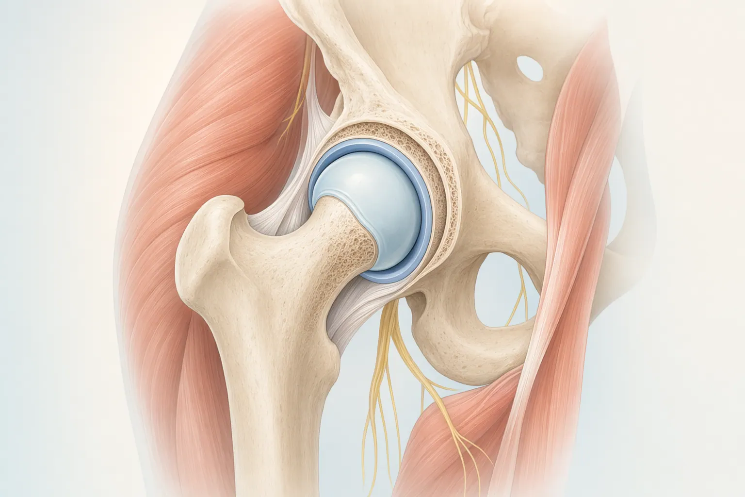 Anatomical illustration of the hip joint showing the femoral head, acetabulum, and surrounding ligaments