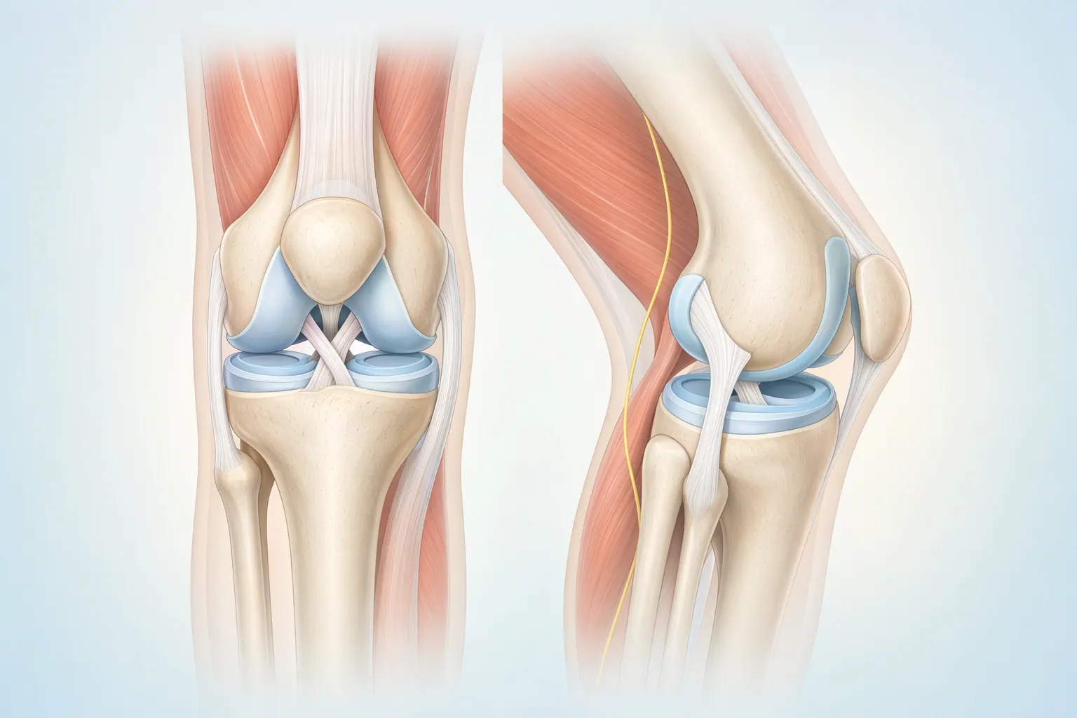 Anatomical illustration of a joint showing cartilage, ligaments, and muscle attachment