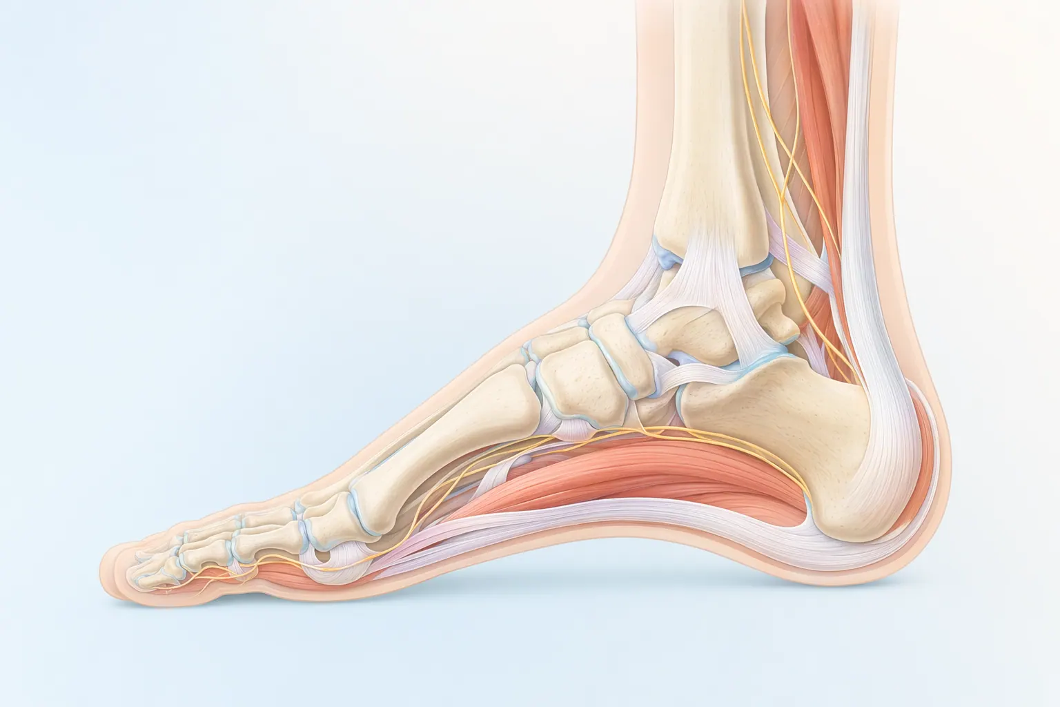 Anatomical illustration of the foot showing the plantar fascia, Achilles tendon, and toe joints