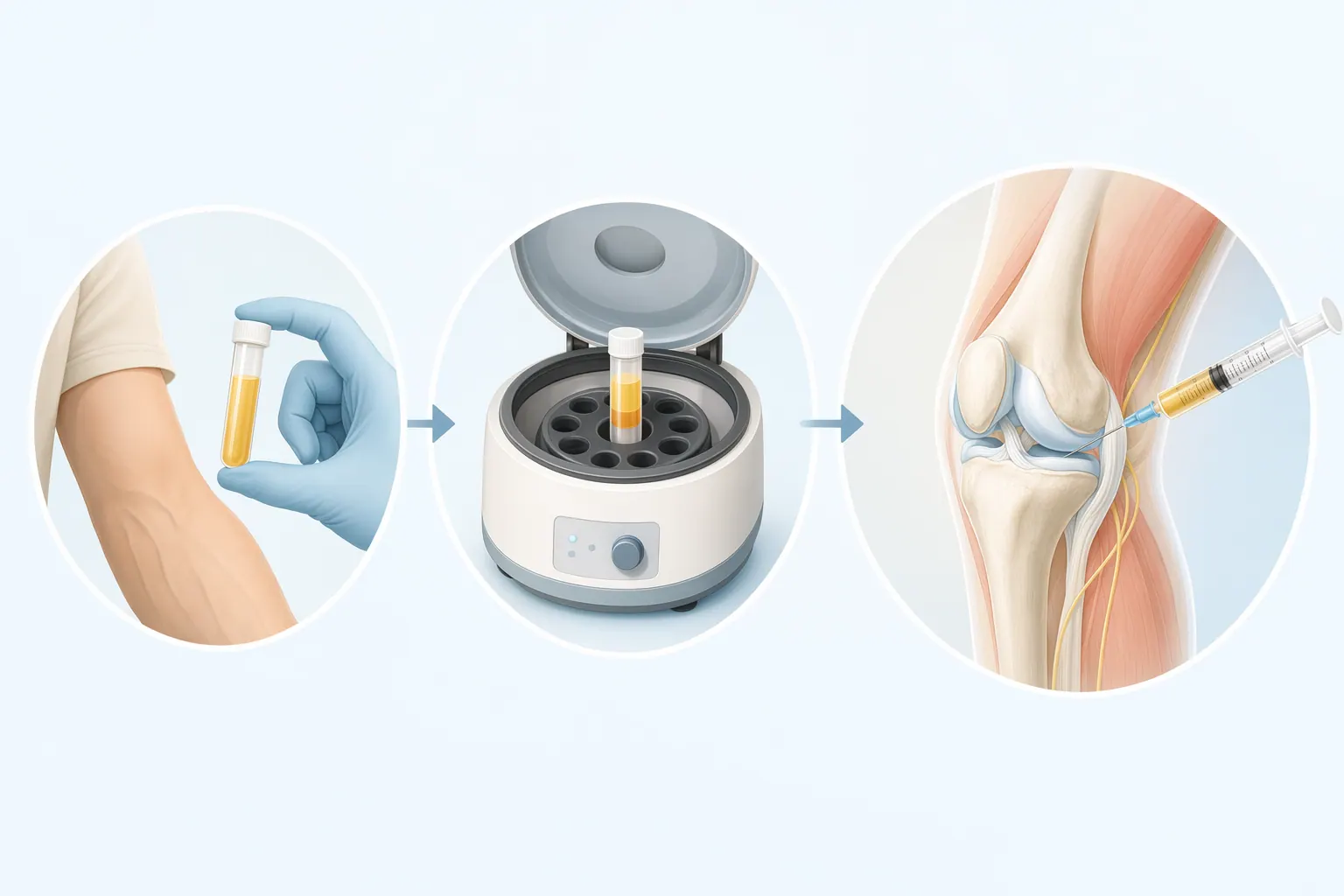 Illustration of the PRP process — blood draw, centrifuge separation, and ultrasound-guided injection into injured tissue