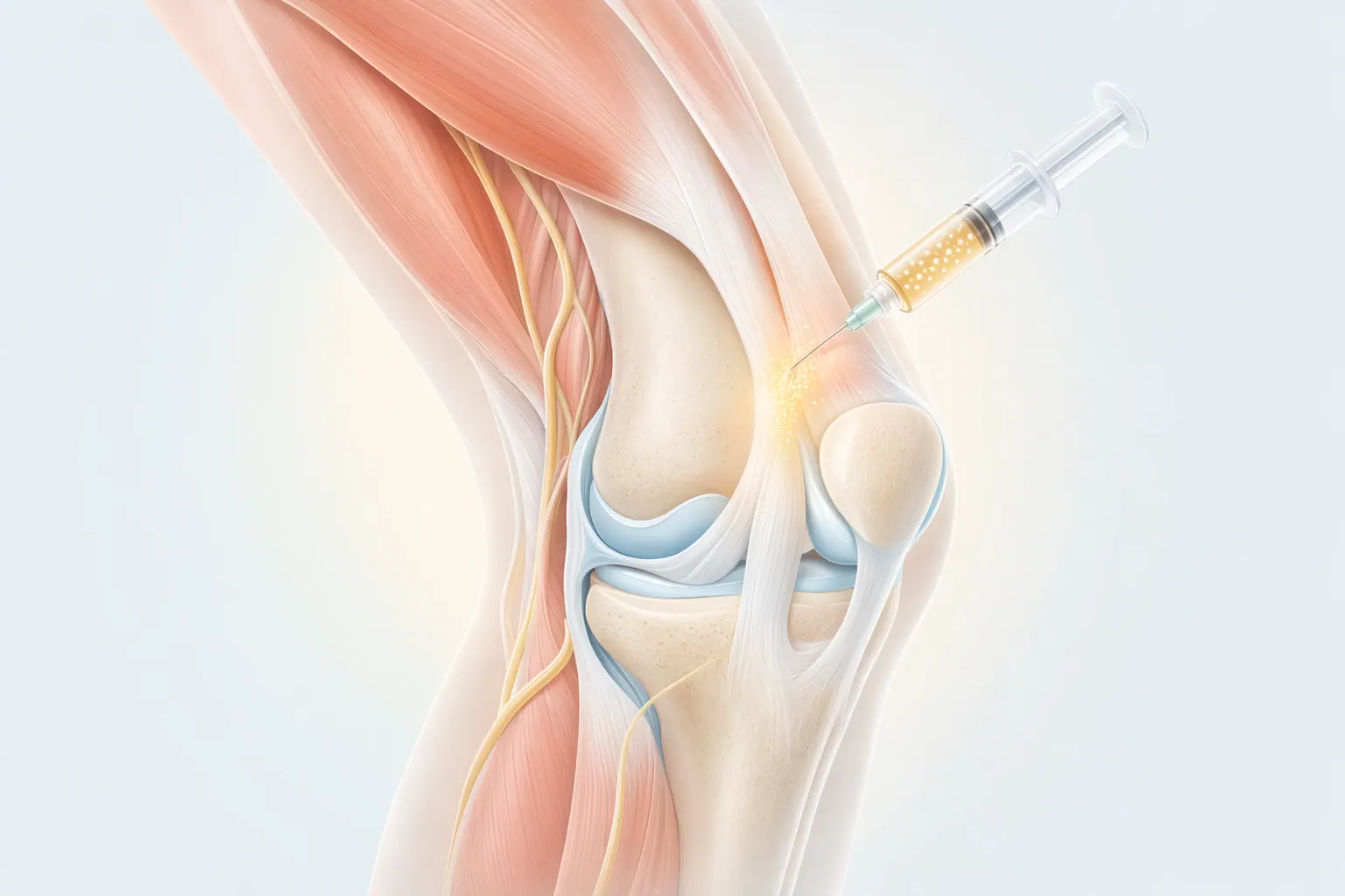 Illustration of a platelet-rich plasma (PRP) injection — concentrated platelets and growth factors delivered into an injured tendon or joint