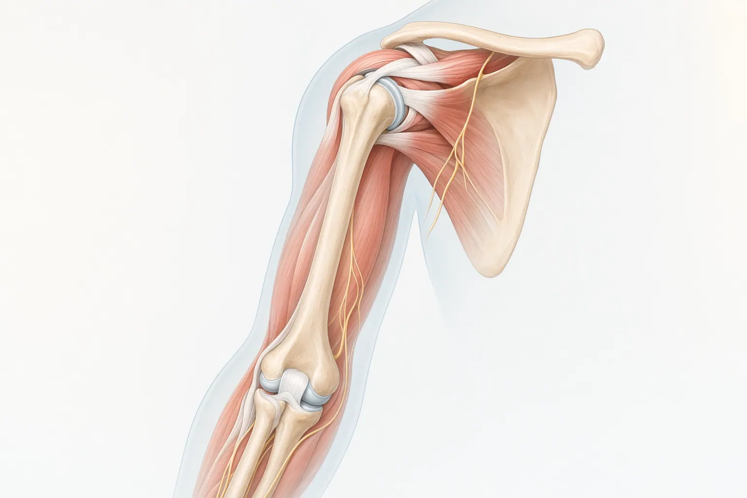 Anatomical illustration of the shoulder and elbow showing the rotator cuff, glenoid, humerus, and ulna