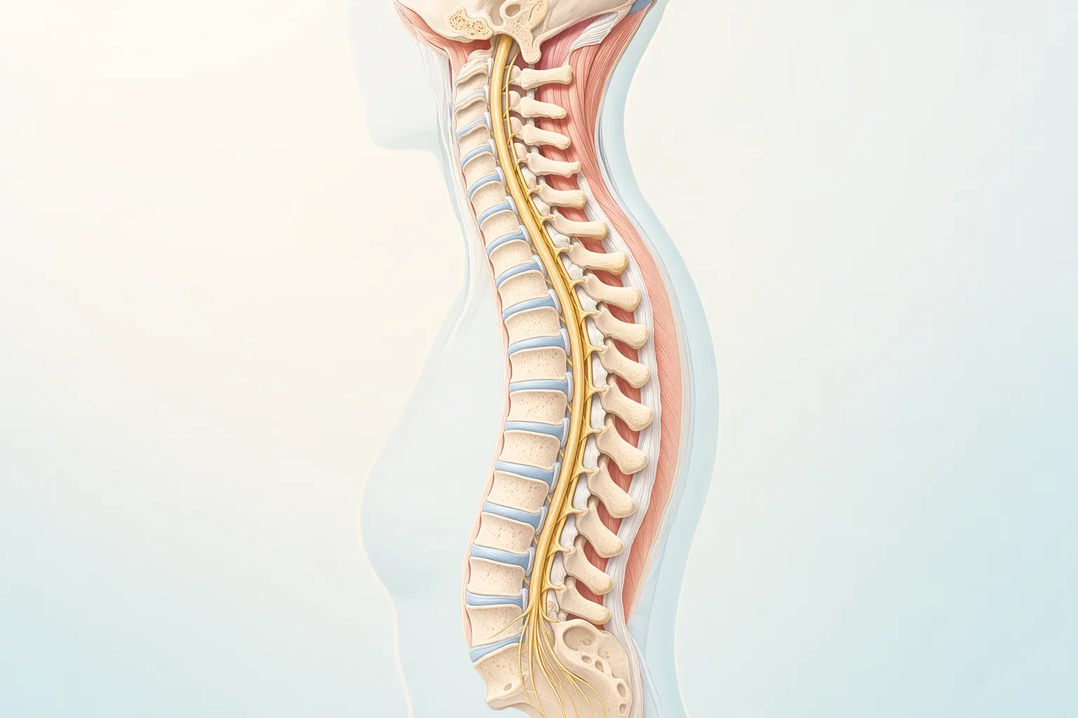 Anatomical illustration of the spine showing vertebrae, intervertebral discs, and spinal cord