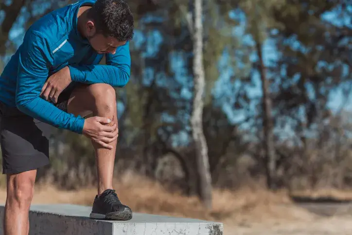 Male runner checks on knee pain during workout outside